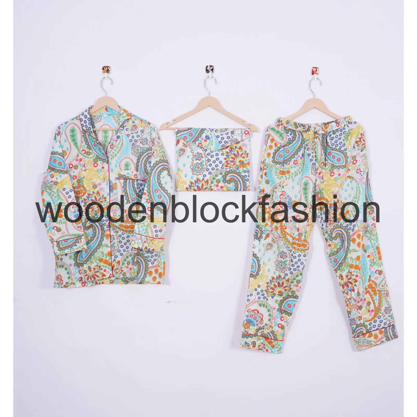 Women's Block Print Cotton Pajama Set, Paisley Printed Bohemian Loungewear Pjs