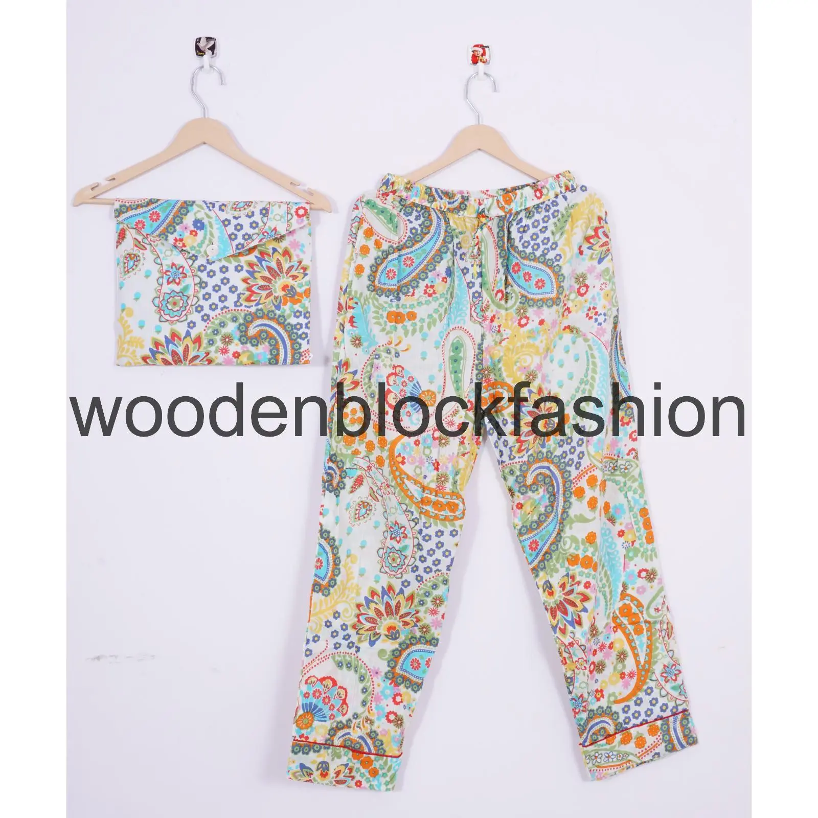 Women's Block Print Cotton Pajama Set, Paisley Printed Bohemian Loungewear Pjs