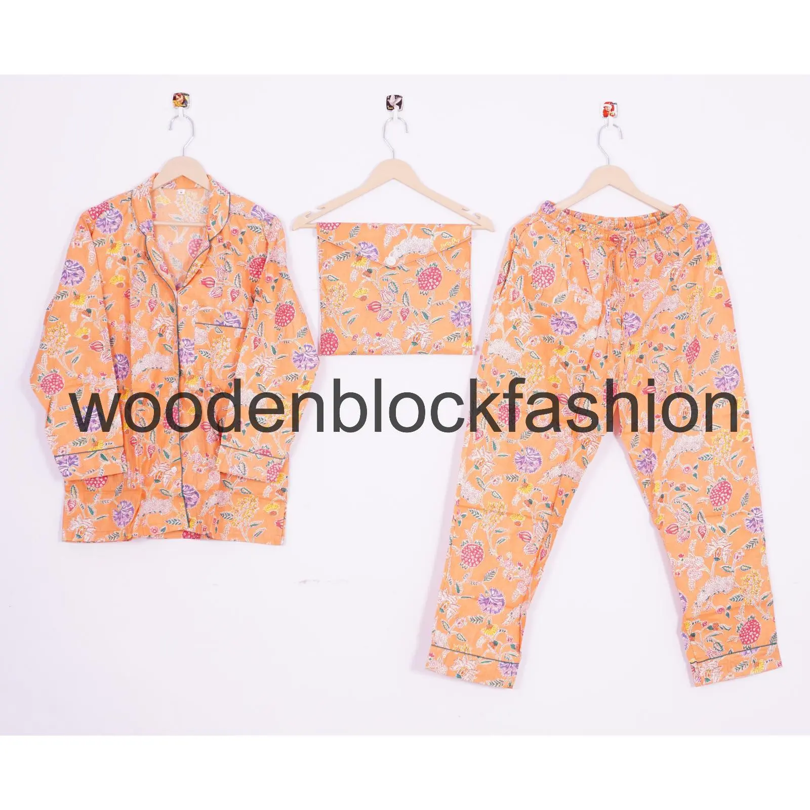 Indian Flower Print 100% Cotton Pajama Set Night Wear Suit