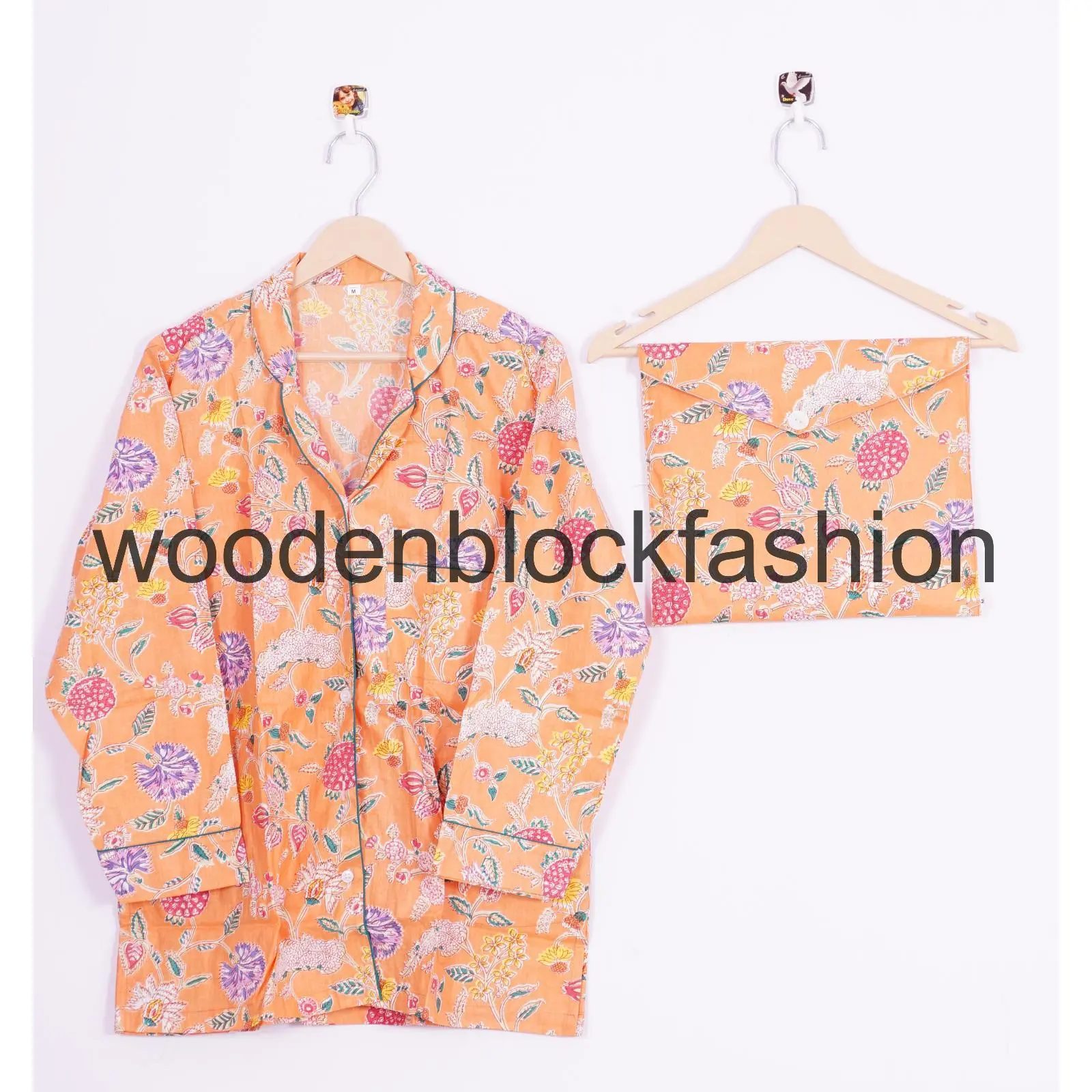 Indian Flower Print 100% Cotton Pajama Set Night Wear Suit