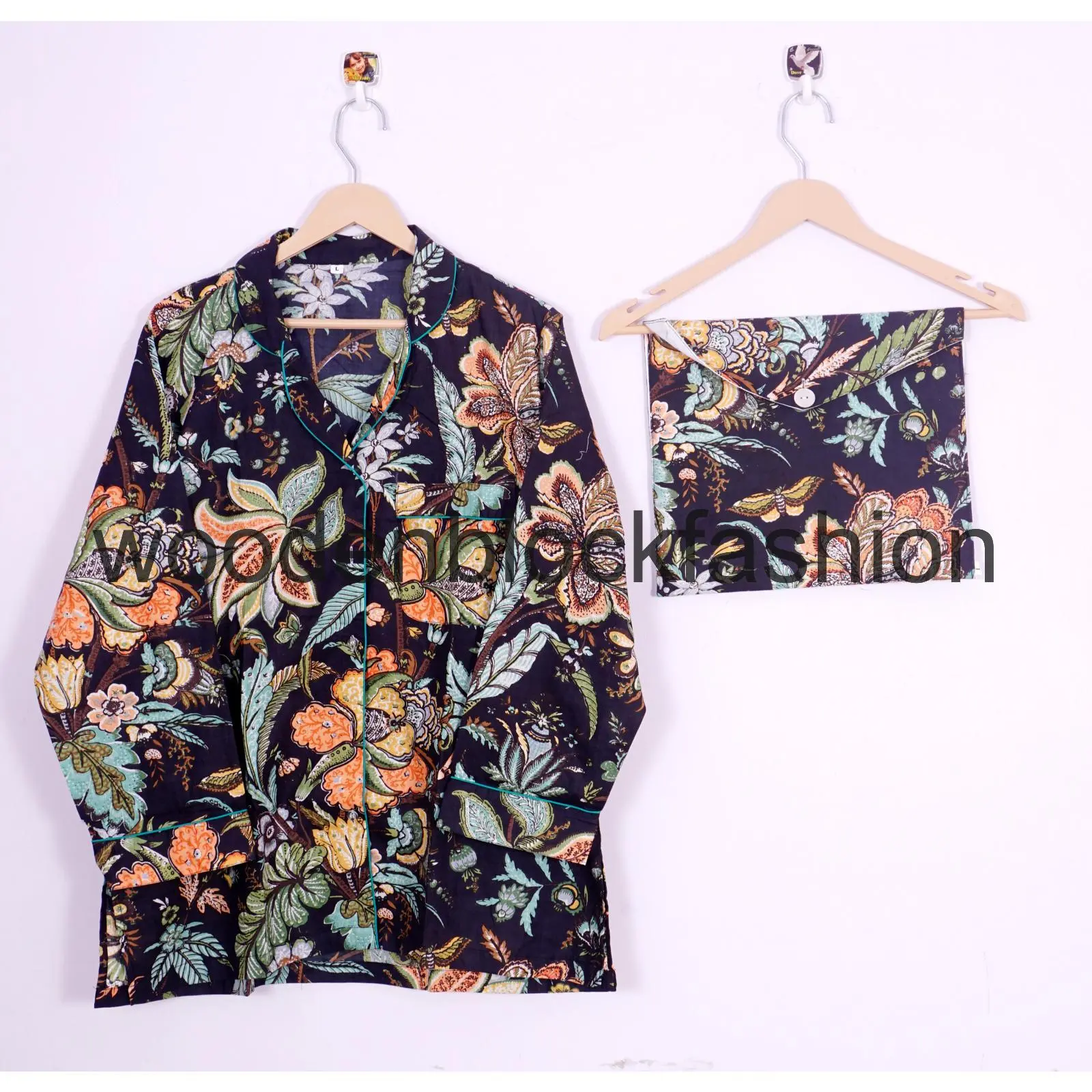 Black Butterfly Print Cotton Pajama Set, Indian Lounge And Sleepwear