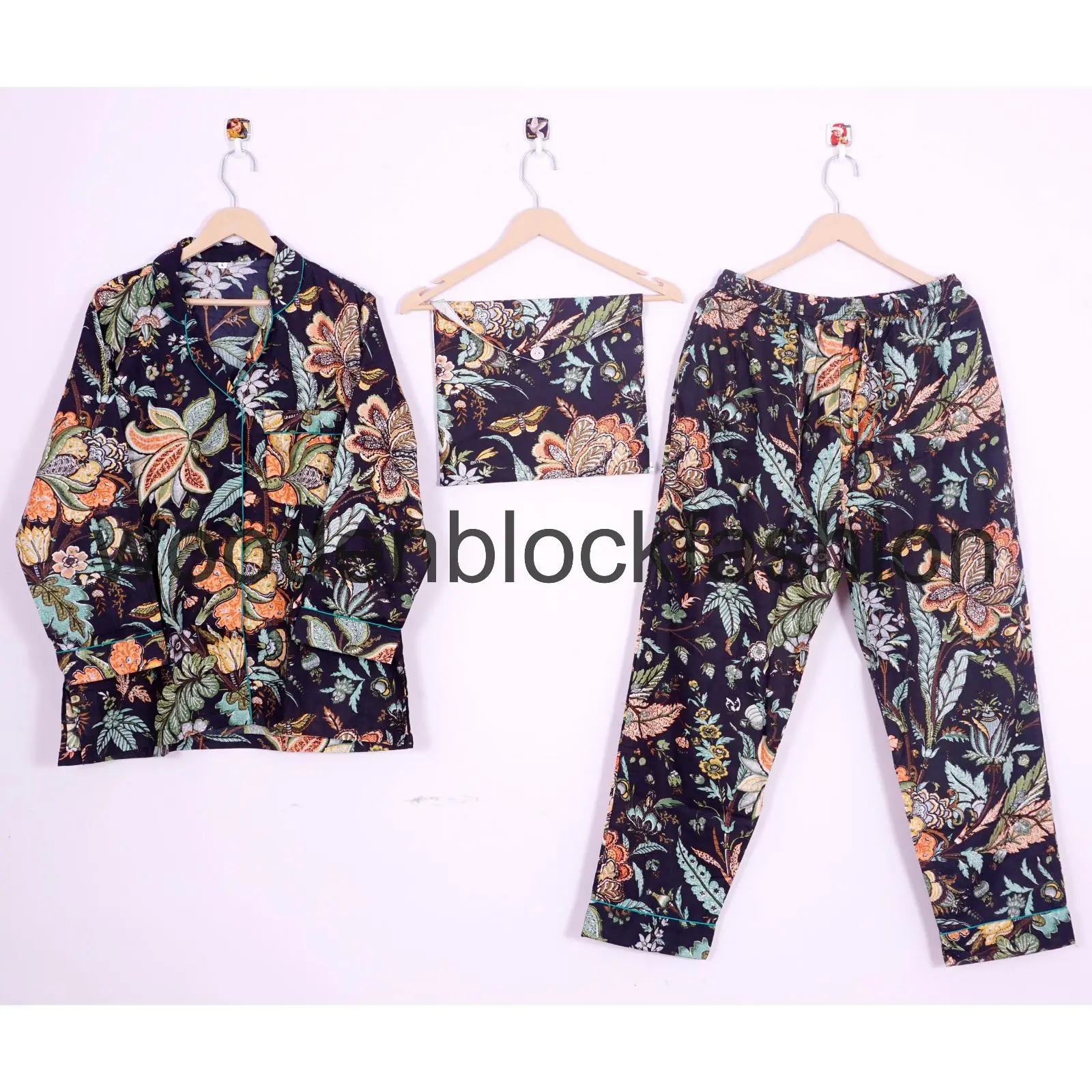 Black Butterfly Print Cotton Pajama Set, Indian Lounge And Sleepwear