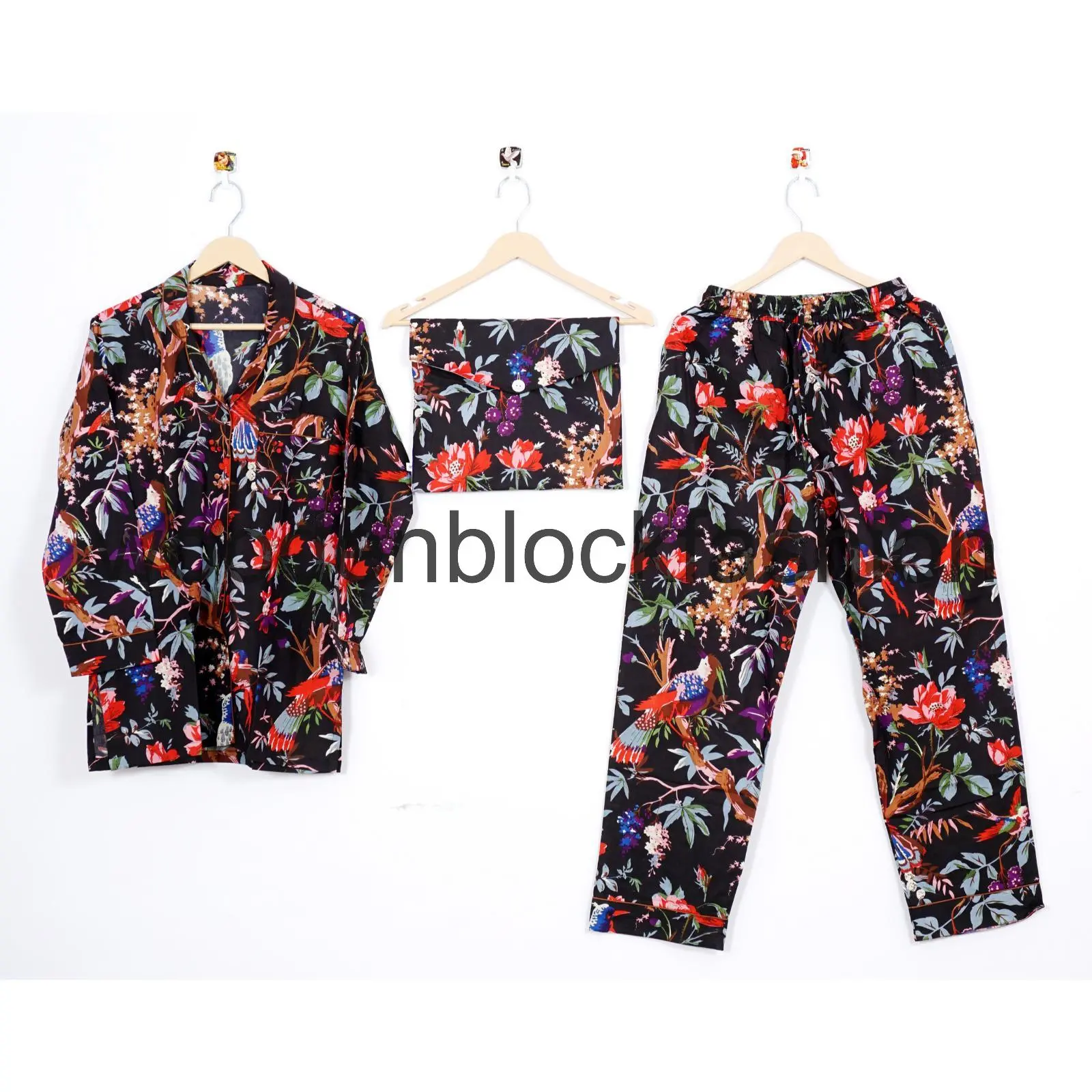 Indian Cotton Pajama Set, Bird Print, Women's Nightwear Payjama Suit