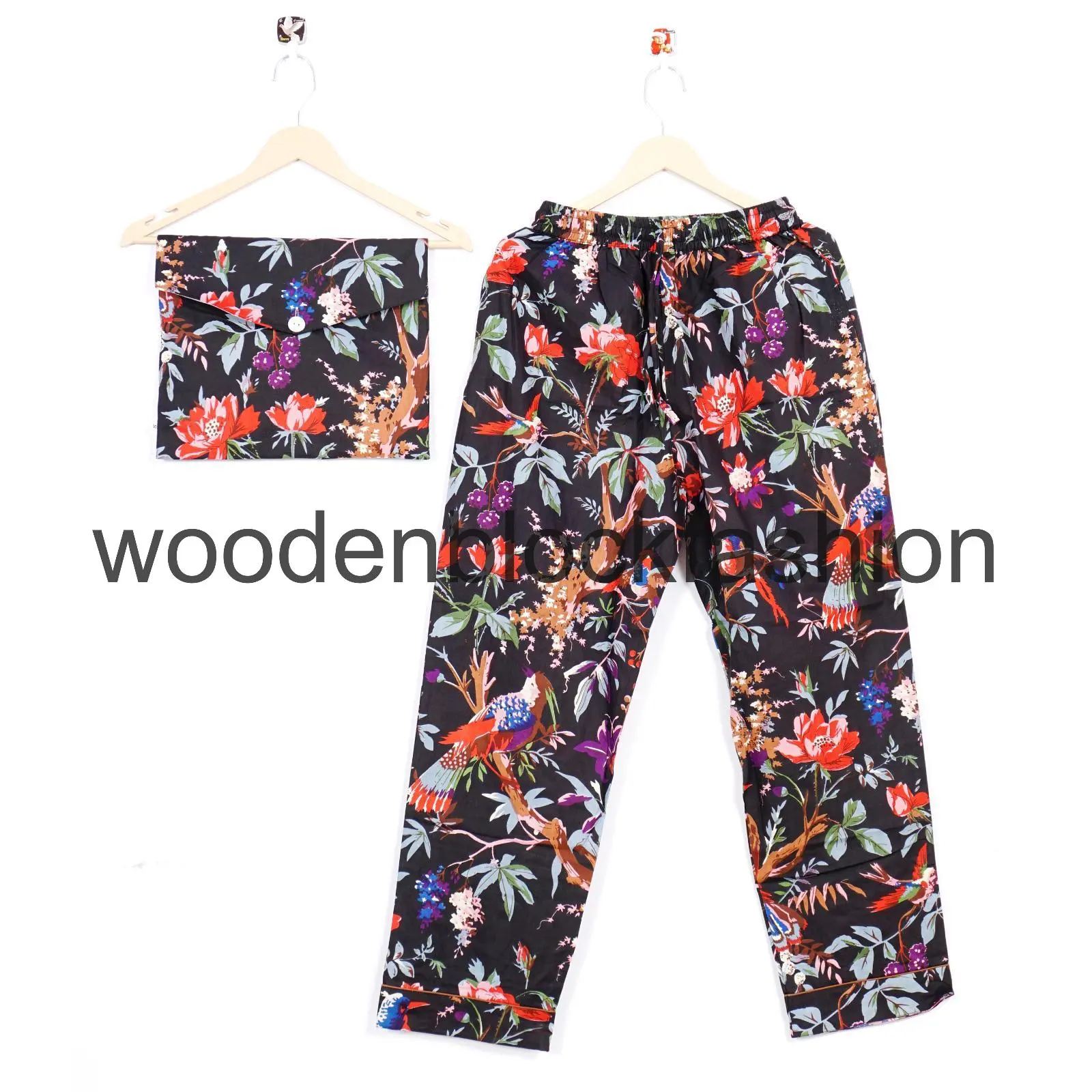 Indian Cotton Pajama Set, Bird Print, Women's Nightwear Payjama Suit