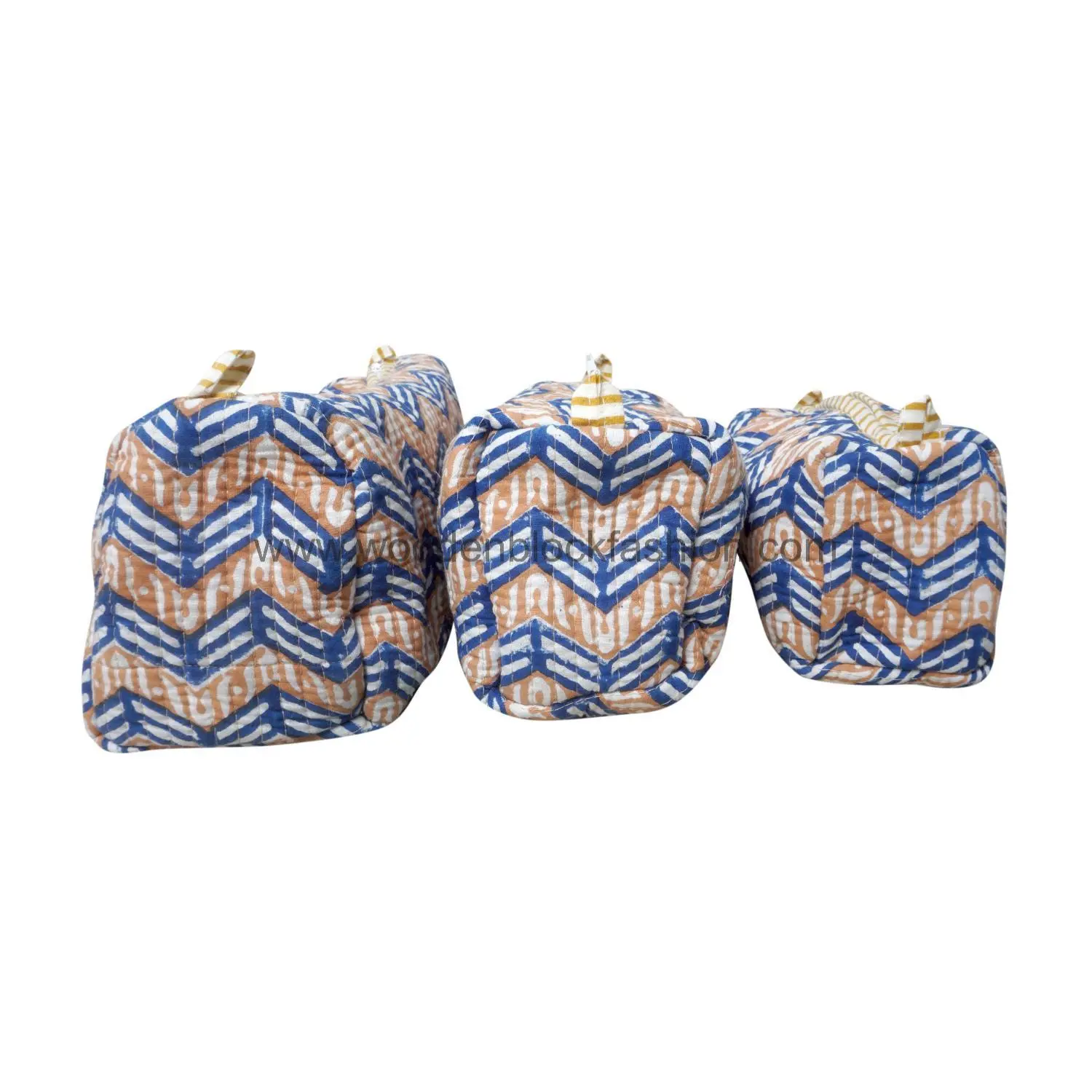 Quilted Block Print Cosmetic & Toiletry Pouches | Waterproof Travel Bag Set