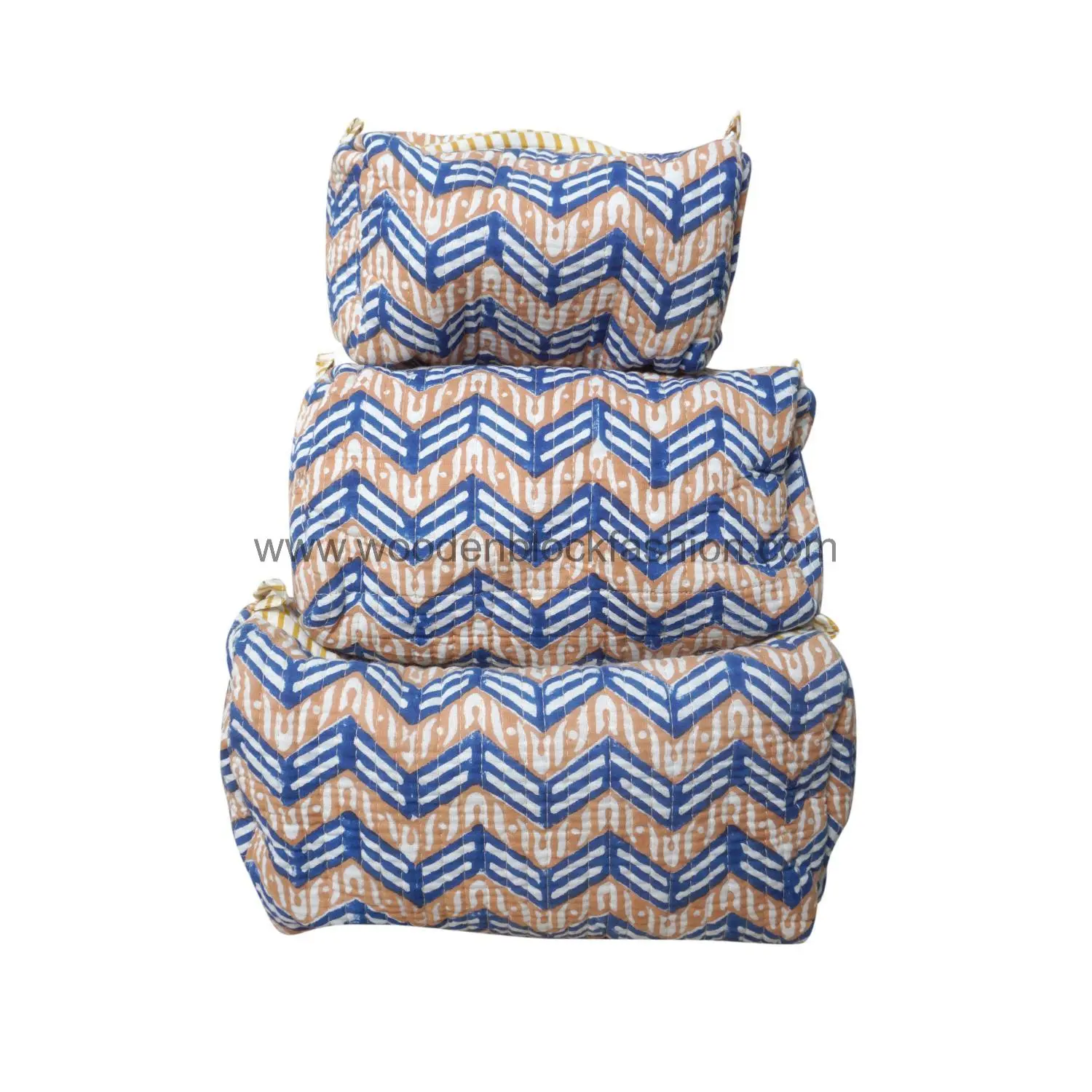 Quilted Block Print Cosmetic & Toiletry Pouches | Waterproof Travel Bag Set