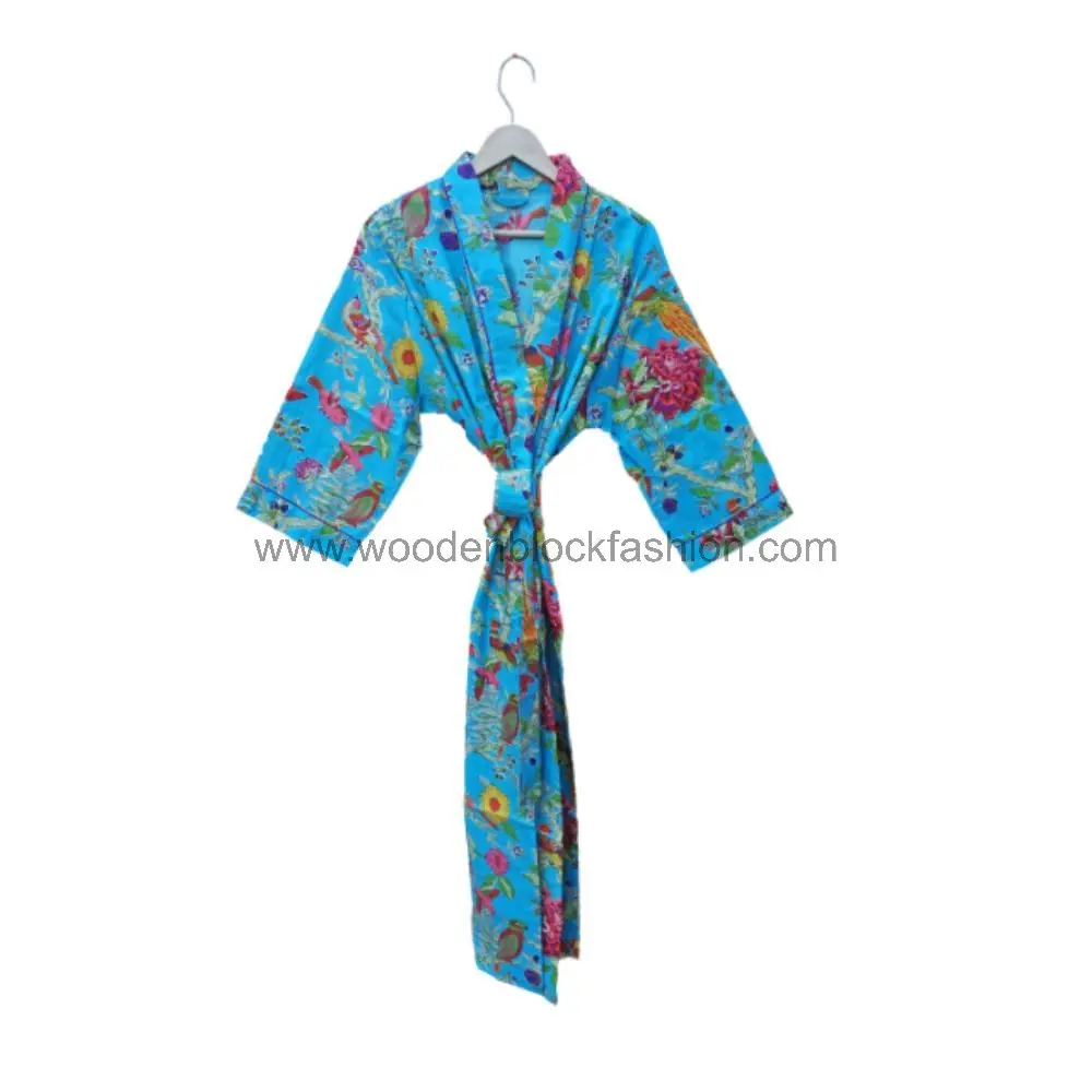 Women’s Cotton Kimono Bathrobe, Hand Block Printed Long Robe