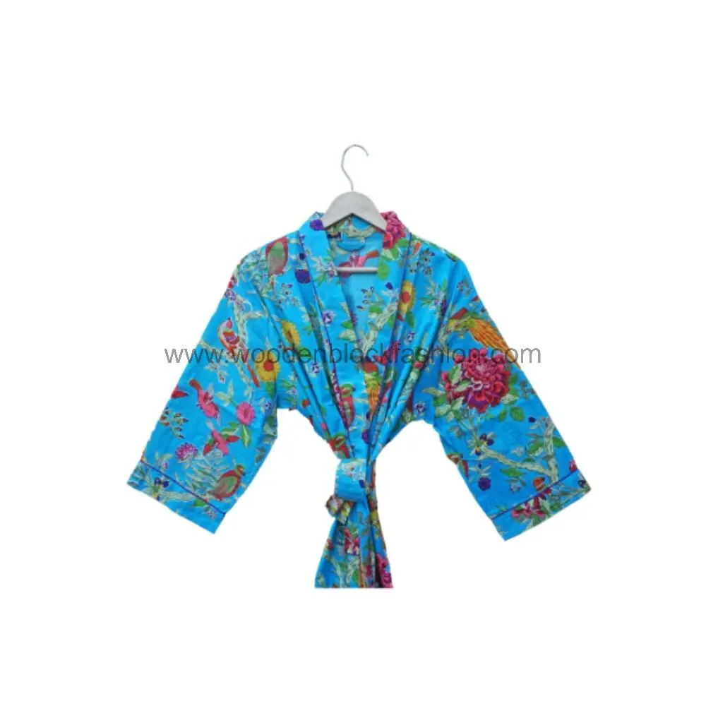 Women’s Cotton Kimono Bathrobe, Hand Block Printed Long Robe