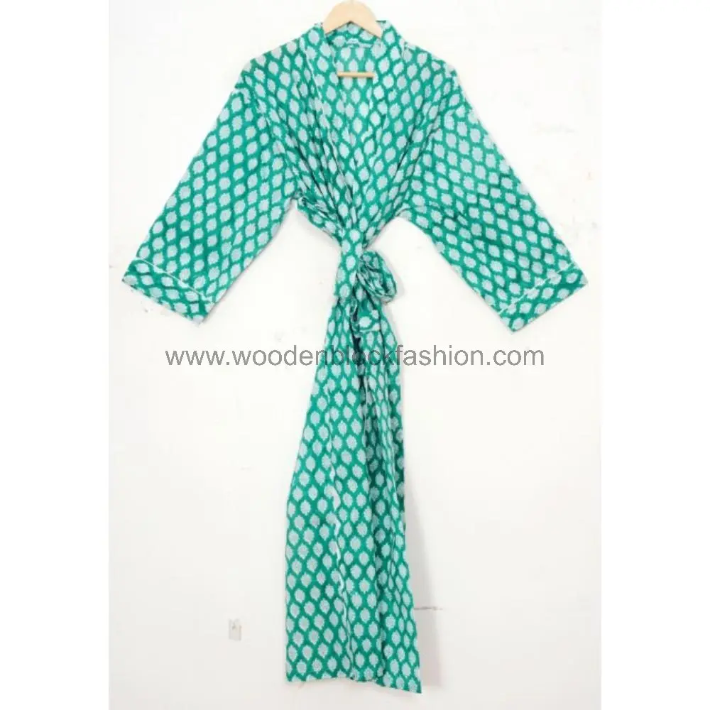 Cotton Block Print Bridesmaid Kimono Robe – Lightweight Summer Dressing Gown