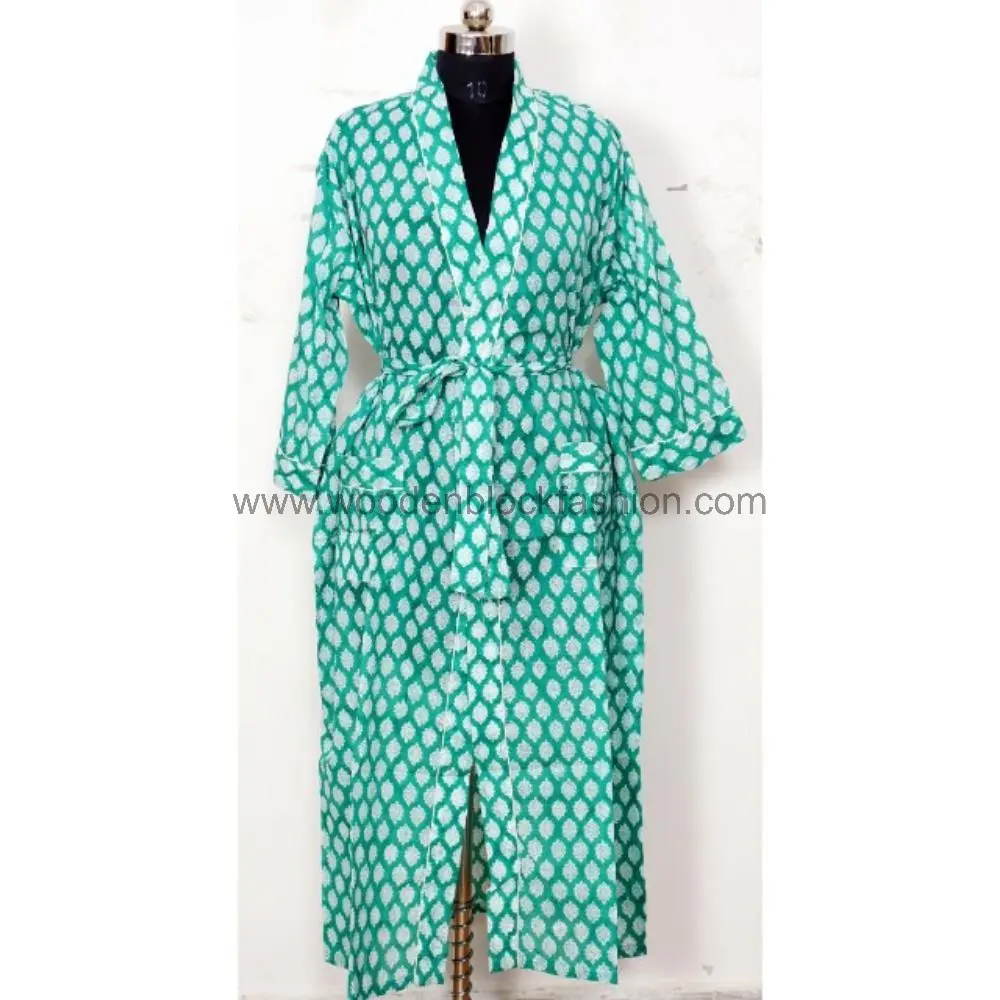 Cotton Block Print Bridesmaid Kimono Robe – Lightweight Summer Dressing Gown