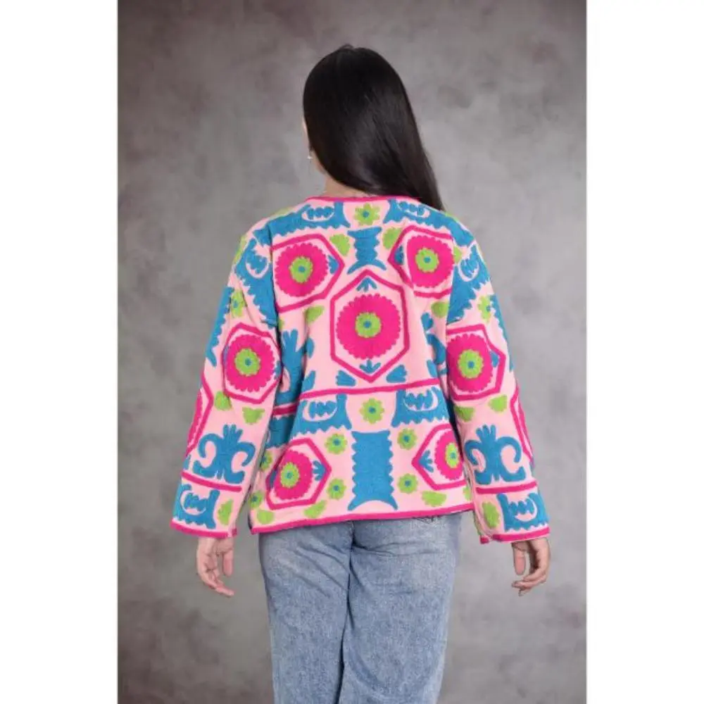 Suzani Embroidered Cotton Canvas Jacket, Boho Hippie Style