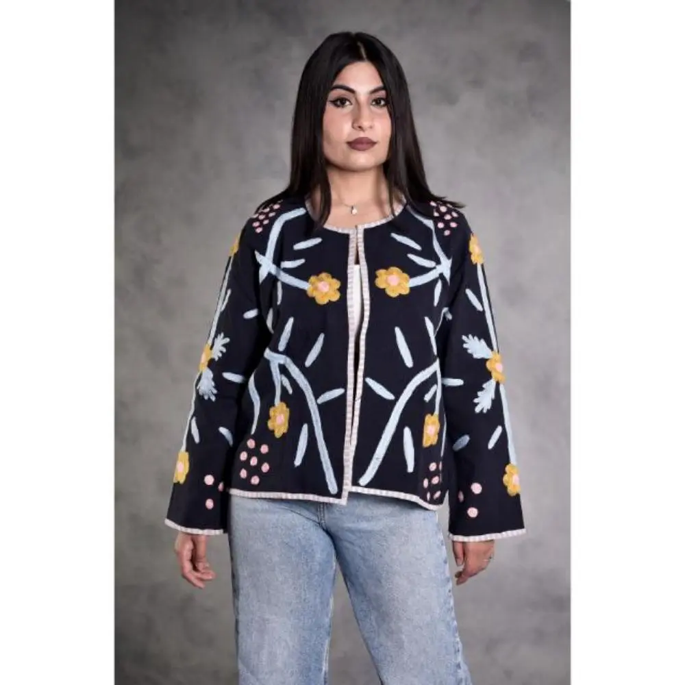 Suzani Embroidered Cotton Canvas Jacket, Boho Hippie Style