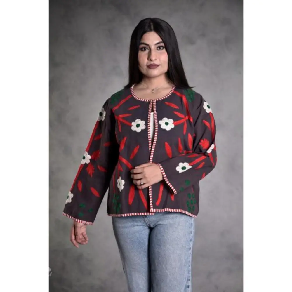 Suzani Embroidered Cotton Canvas Jacket, Boho Hippie Style
